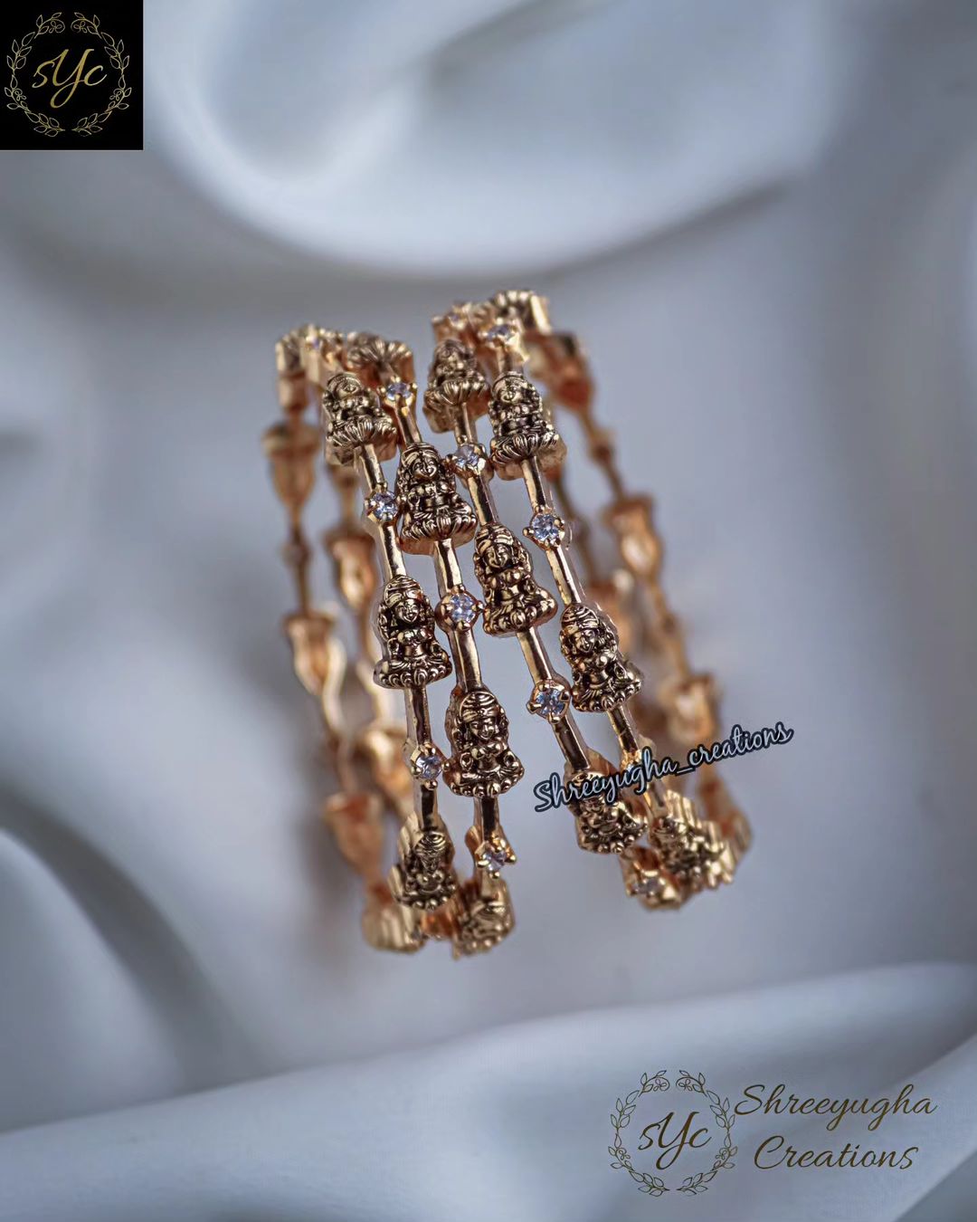 Antique Gold zirconia stone Lakshmi bangles (4 piece set)