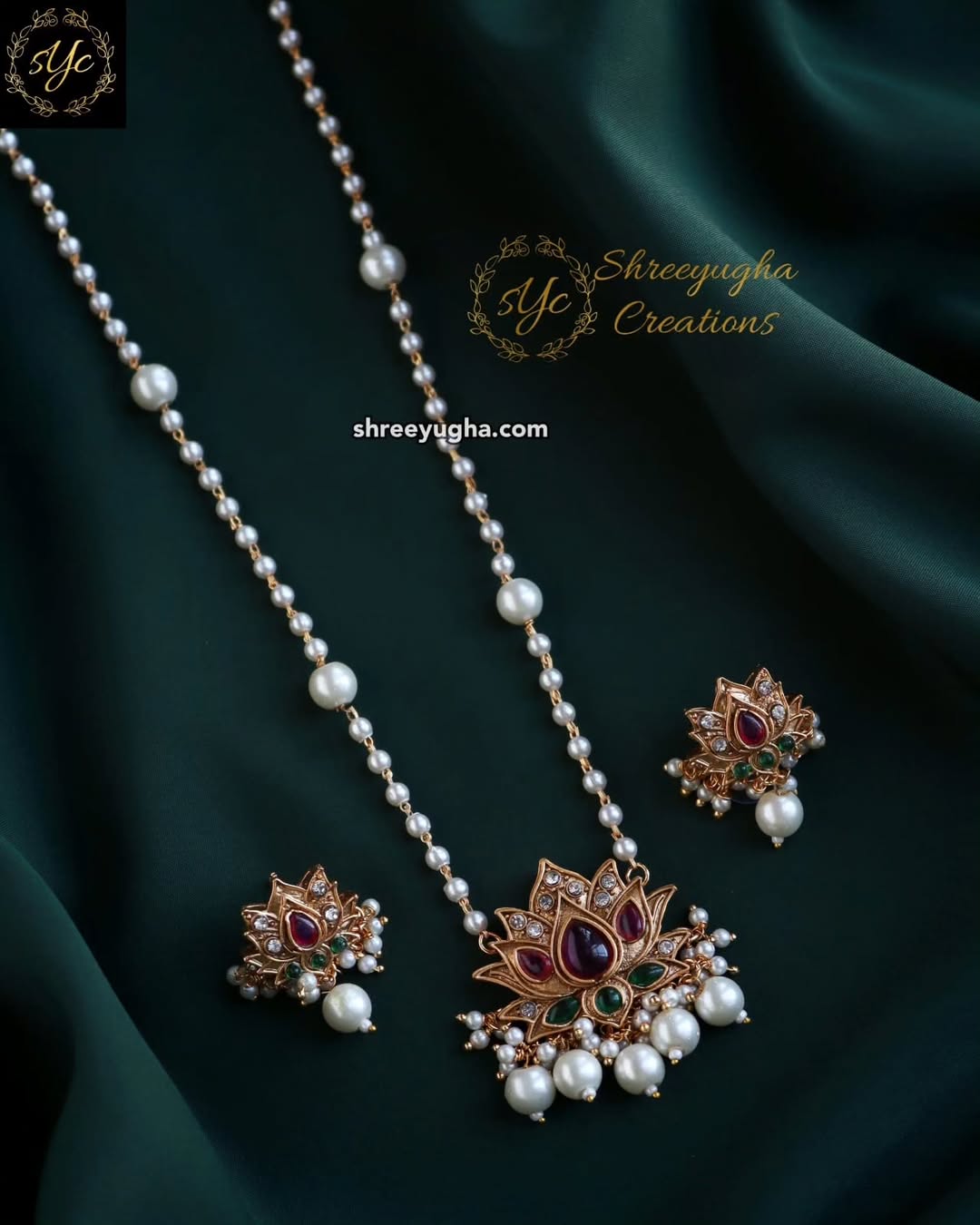 Lotus long pearl chain with earrings