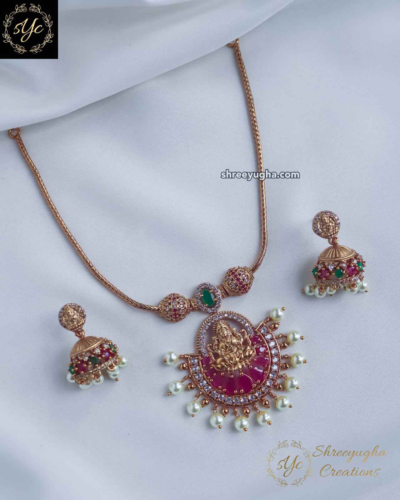 Premium Ruby, Emerald & diamond Lakshmi pendent chain with earrings