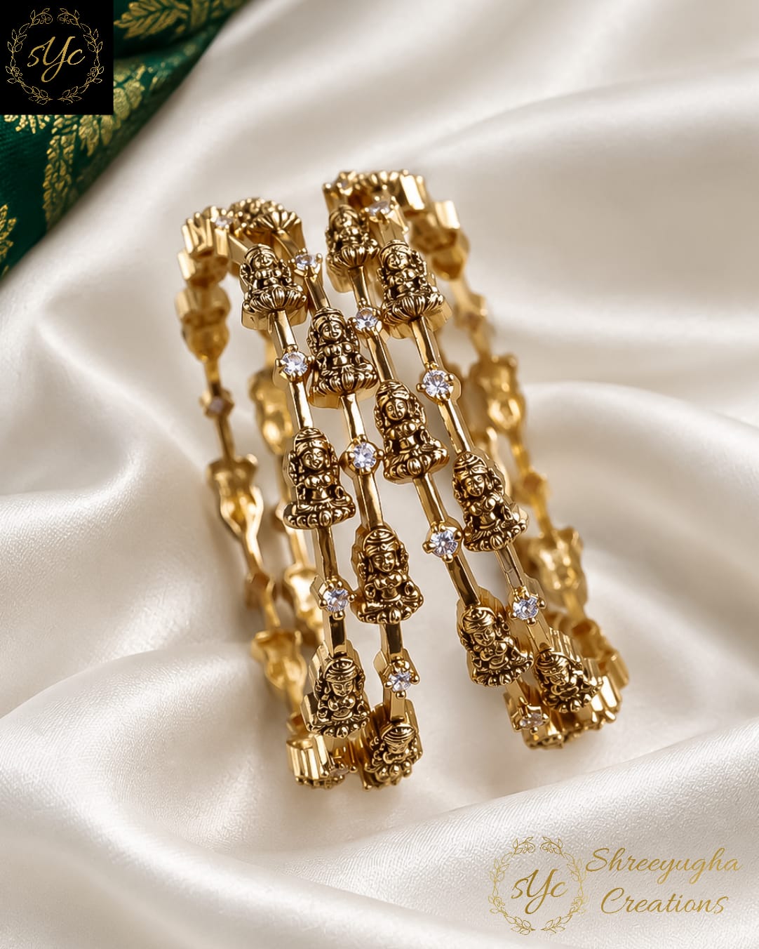 Antique Gold zirconia stone Lakshmi bangles (4 piece set)