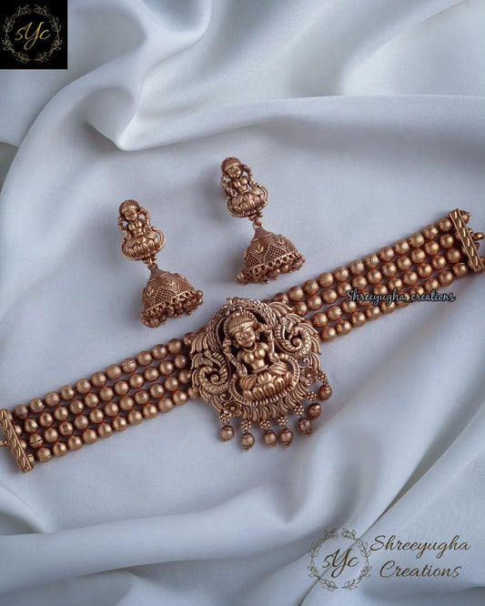 Antique gold lakshmi choker with jhumkas