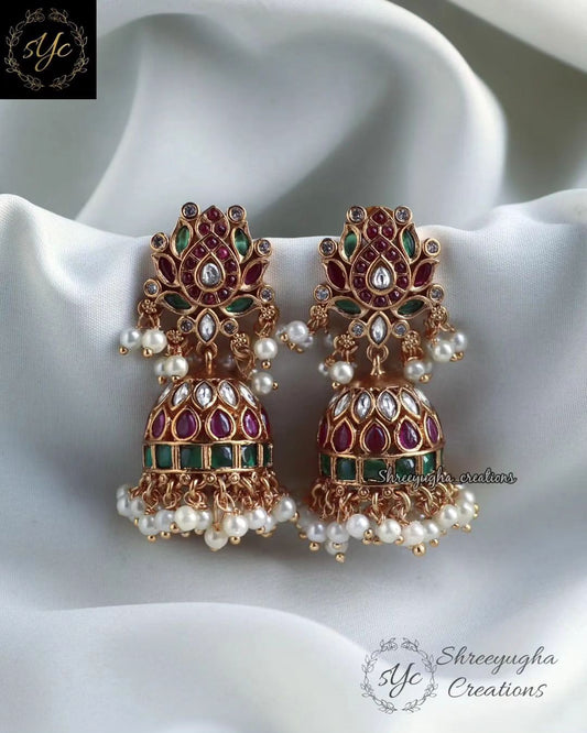 Ruby, Emerald and Zirconia stone lotus jhumkas