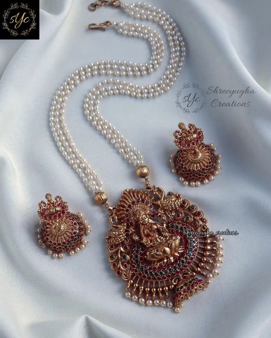 Premium quality gold lakshmi kemp pearl mala set