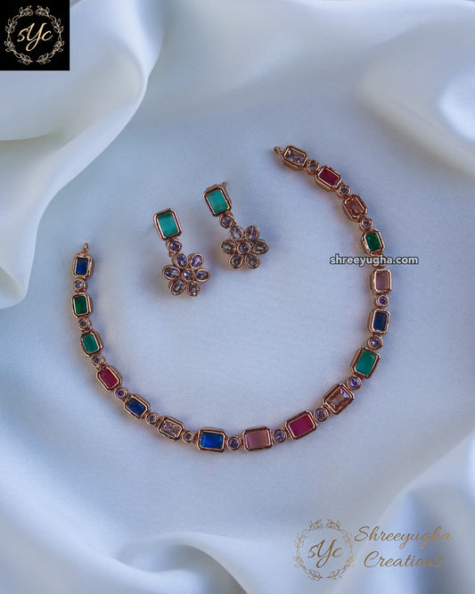 Simple NAVRATNA necklace with earrings