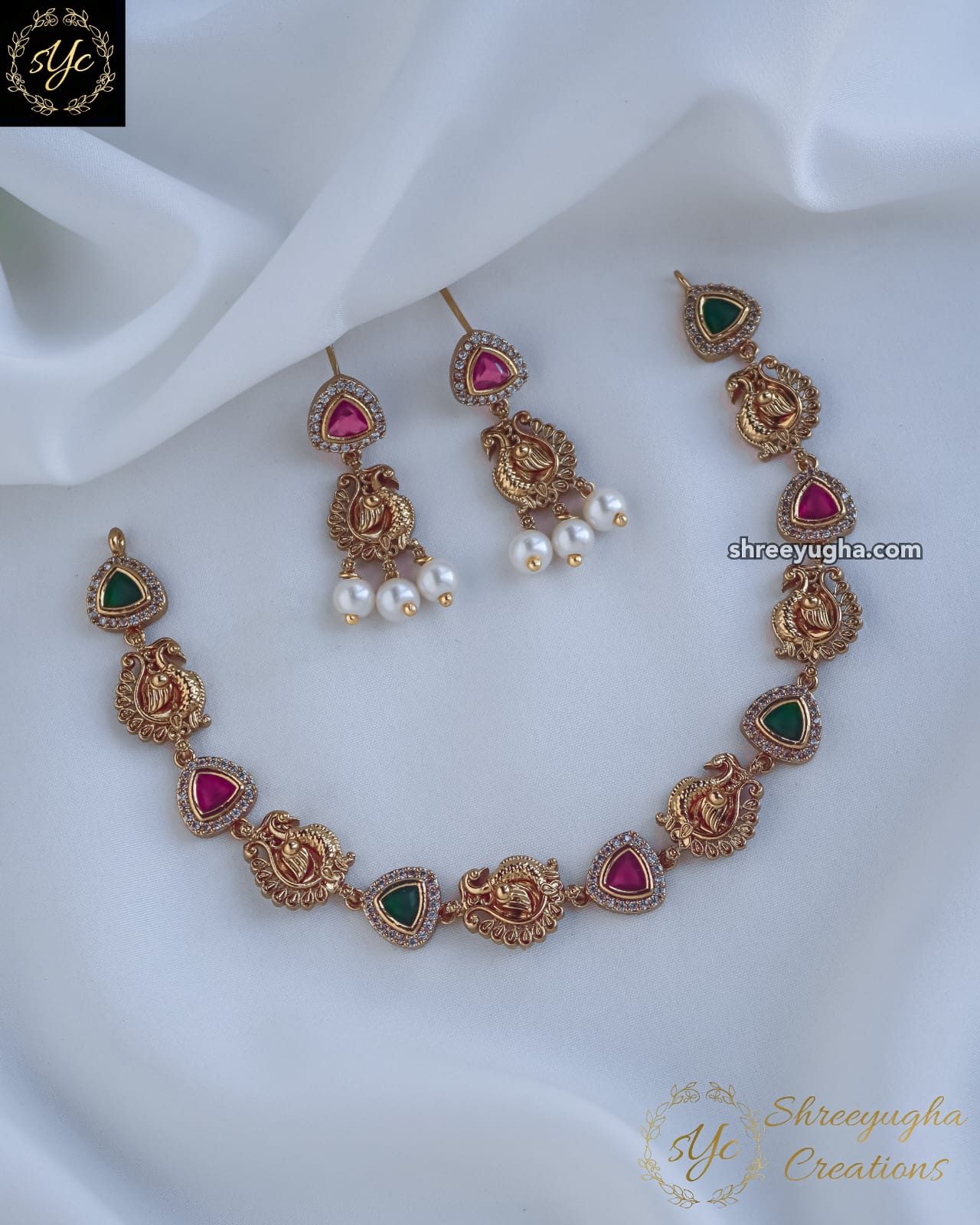 Premium quality Ruby, Emerald and diamond neckset