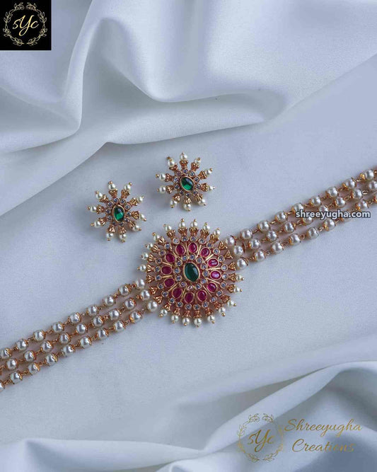 Premium quality 3 line pearl choker set