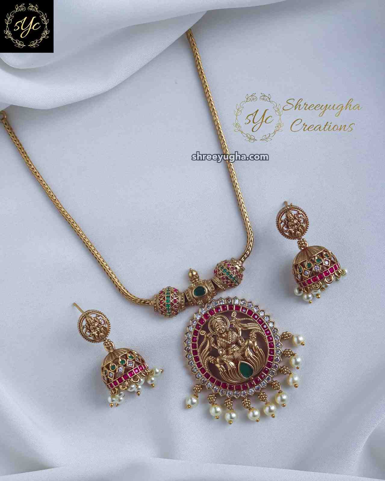 Premium quality lakshmi Ruby, Emerald and Zirconia stone pendant set