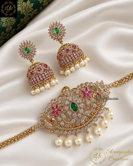 Emerald, Ruby, Zirconia stones choker set with jumkas