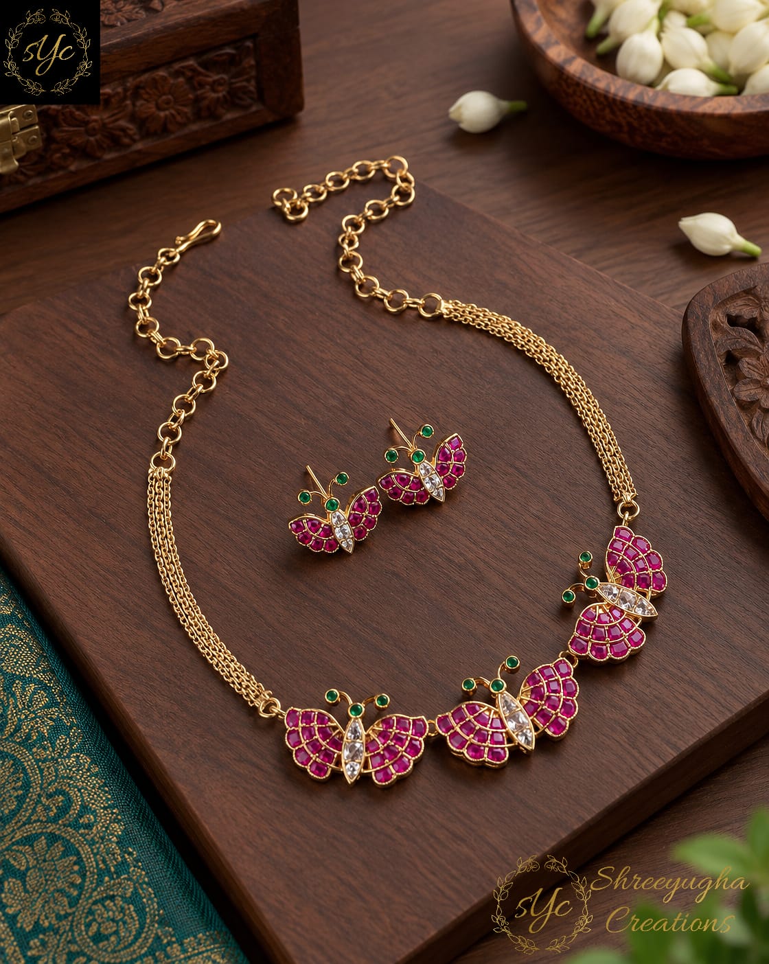 Pretty butterfly Ruby, Emerald neckset