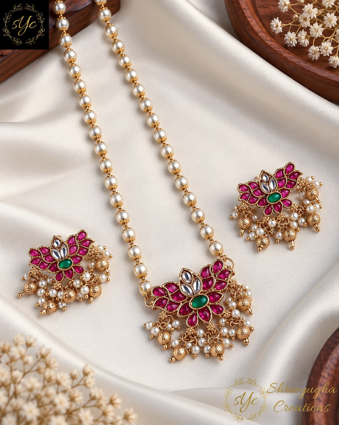 Lotus pearl chain with earrings.