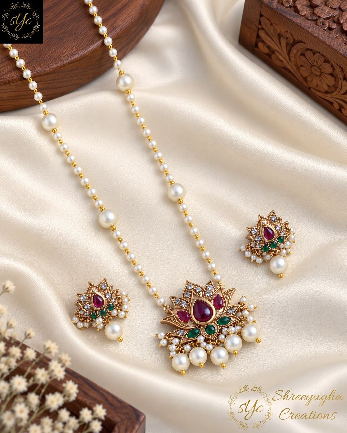 Lotus long pearl chain with earrings