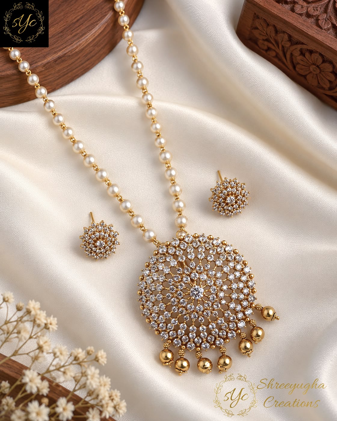 Zirconia stone pendant on pearl long haram with studs